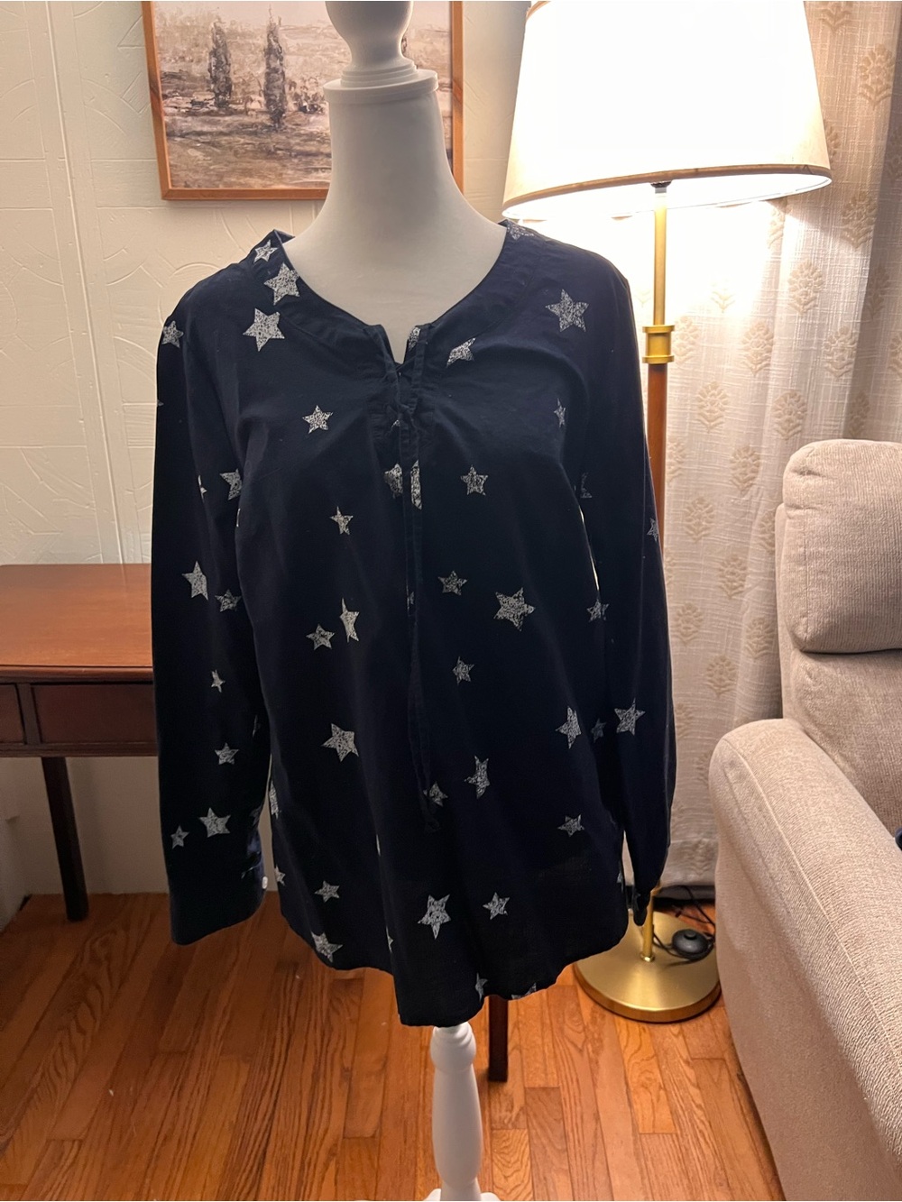 Style & Co. Navy Long Sleeve Top with Silver Star Design
